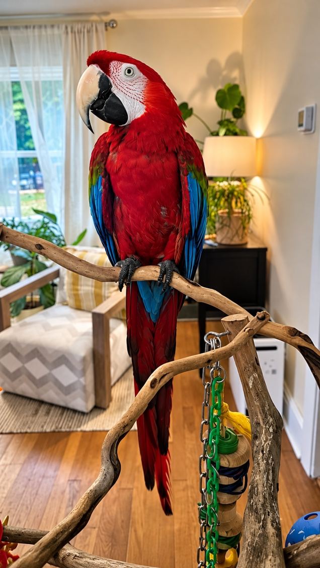 A green-winged macaw on a wooden play stand in the living room